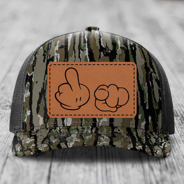 Cartoon Hands F*ck You - Leather Patch Hat - Rawhide to Black Patch - Richardson 112PFP Snapback Trucker Hat