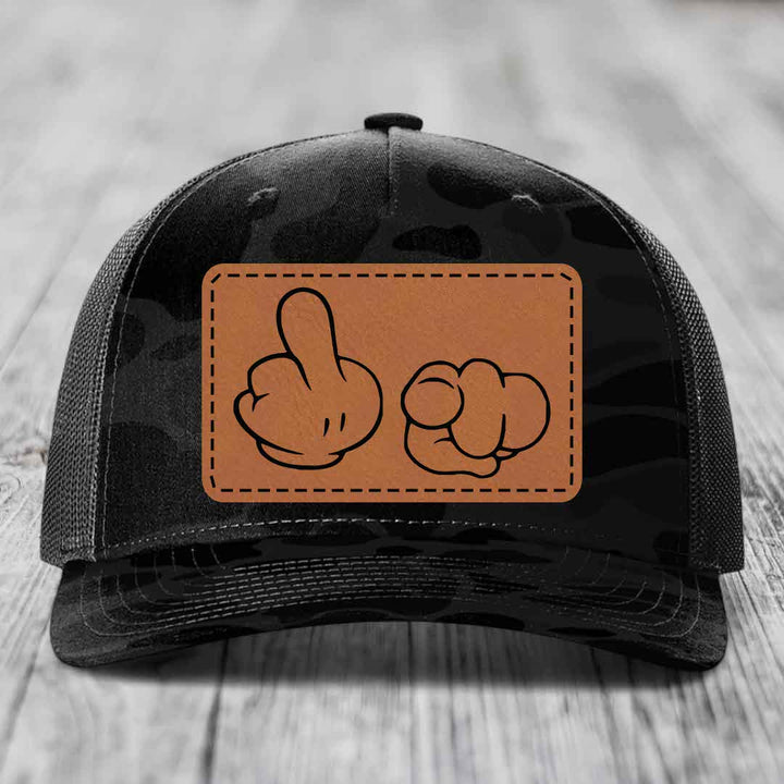 Cartoon Hands F*ck You - Leather Patch Hat - Rawhide to Black Patch - Richardson 112PFP Snapback Trucker Hat