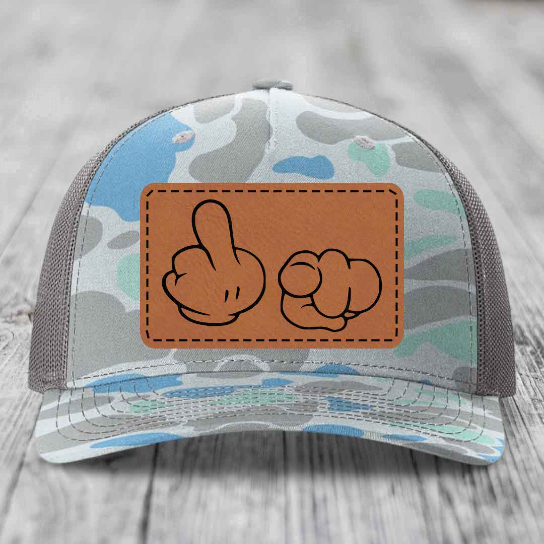 Cartoon Hands F*ck You - Leather Patch Hat - Rawhide to Black Patch - Richardson 112PFP Snapback Trucker Hat