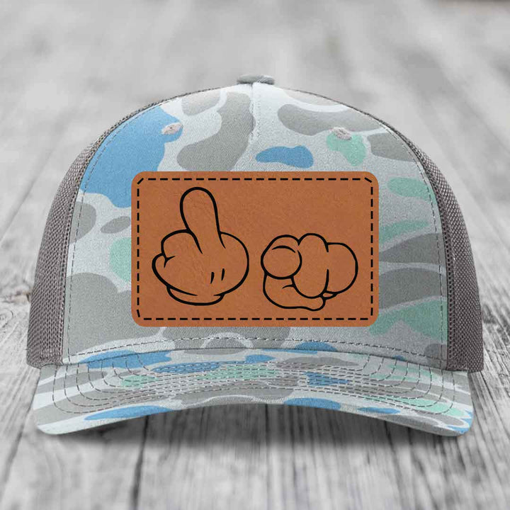 Cartoon Hands F*ck You - Leather Patch Hat - Rawhide to Black Patch - Richardson 112PFP Snapback Trucker Hat