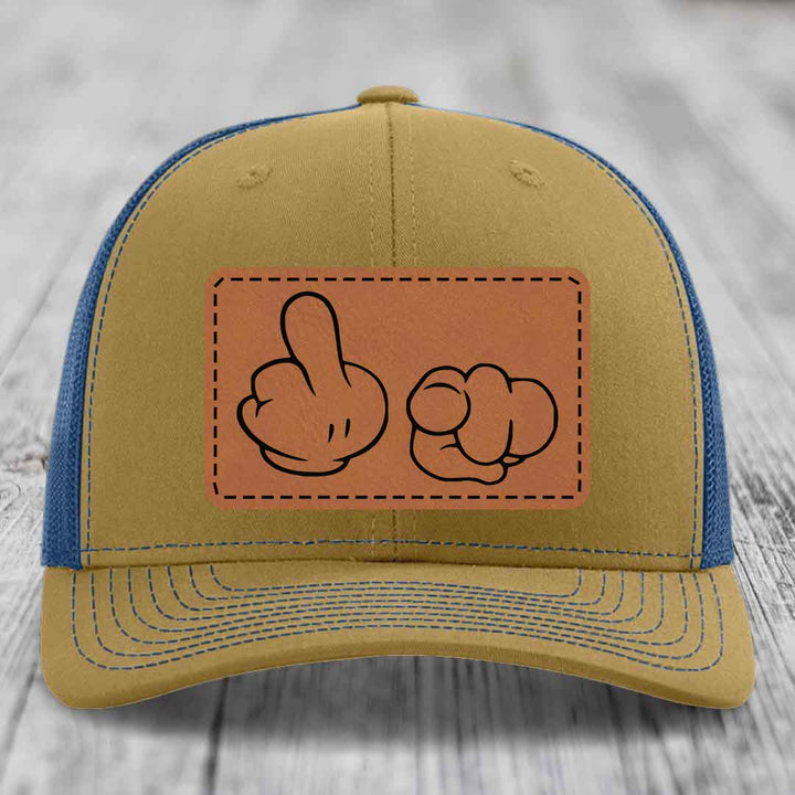 Cartoon Hands F*ck You - Leather Patch Hat - Rawhide to Black Patch - Richardson 112 Snapback Trucker Hat
