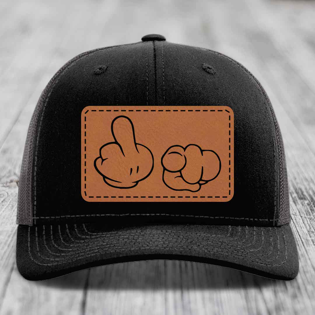 Cartoon Hands F*ck You - Leather Patch Hat - Rawhide to Black Patch - Richardson 112 Snapback Trucker Hat