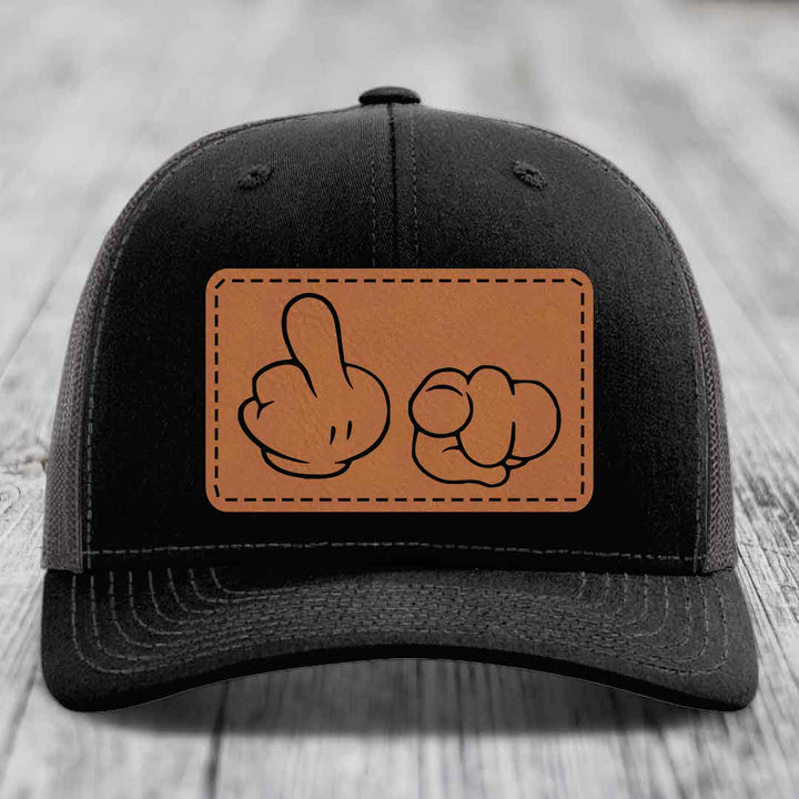 Cartoon Hands F*ck You - Leather Patch Hat - Rawhide to Black Patch - Richardson 112 Snapback Trucker Hat