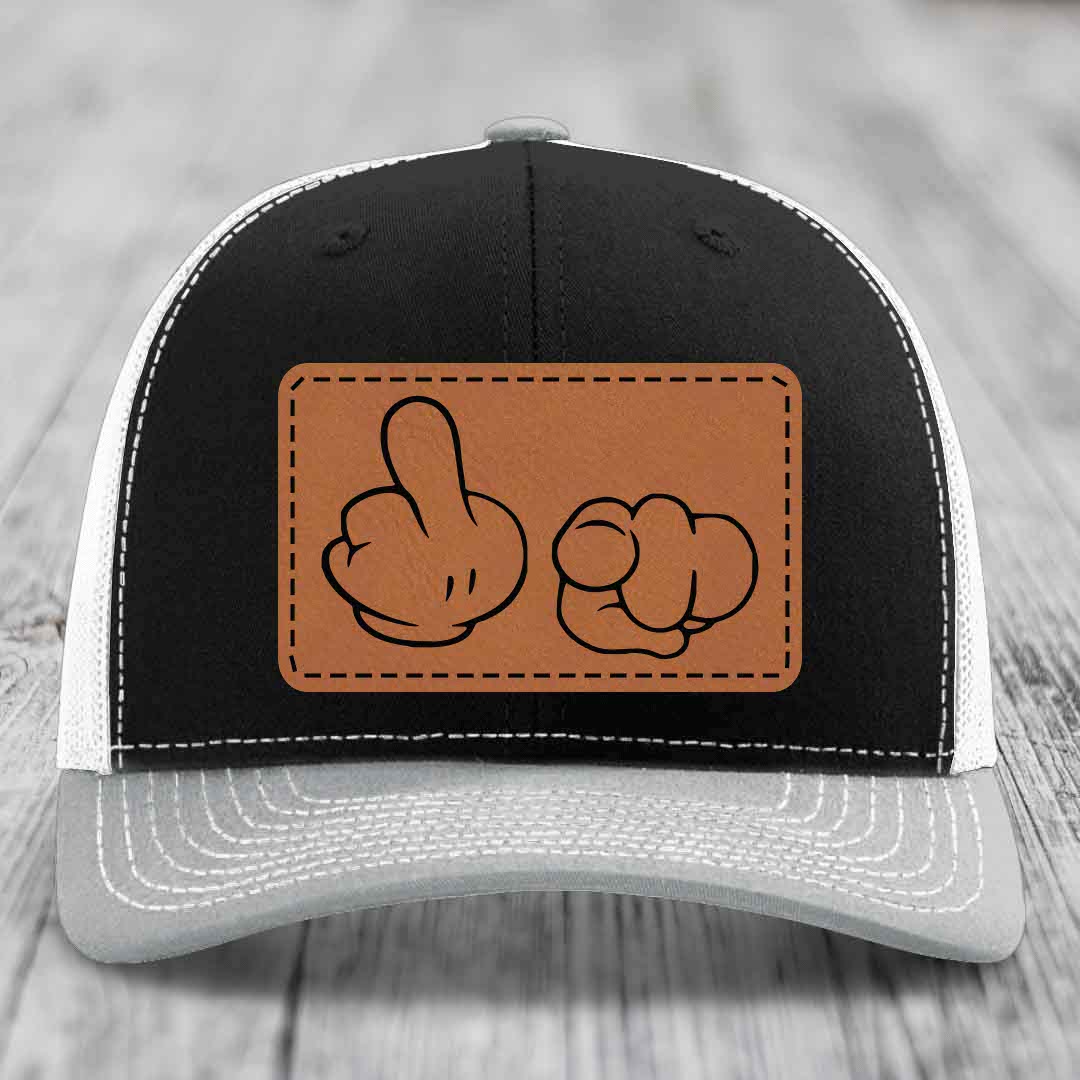 Cartoon Hands F*ck You - Leather Patch Hat - Rawhide to Black Patch - Richardson 112 Snapback Trucker Hat