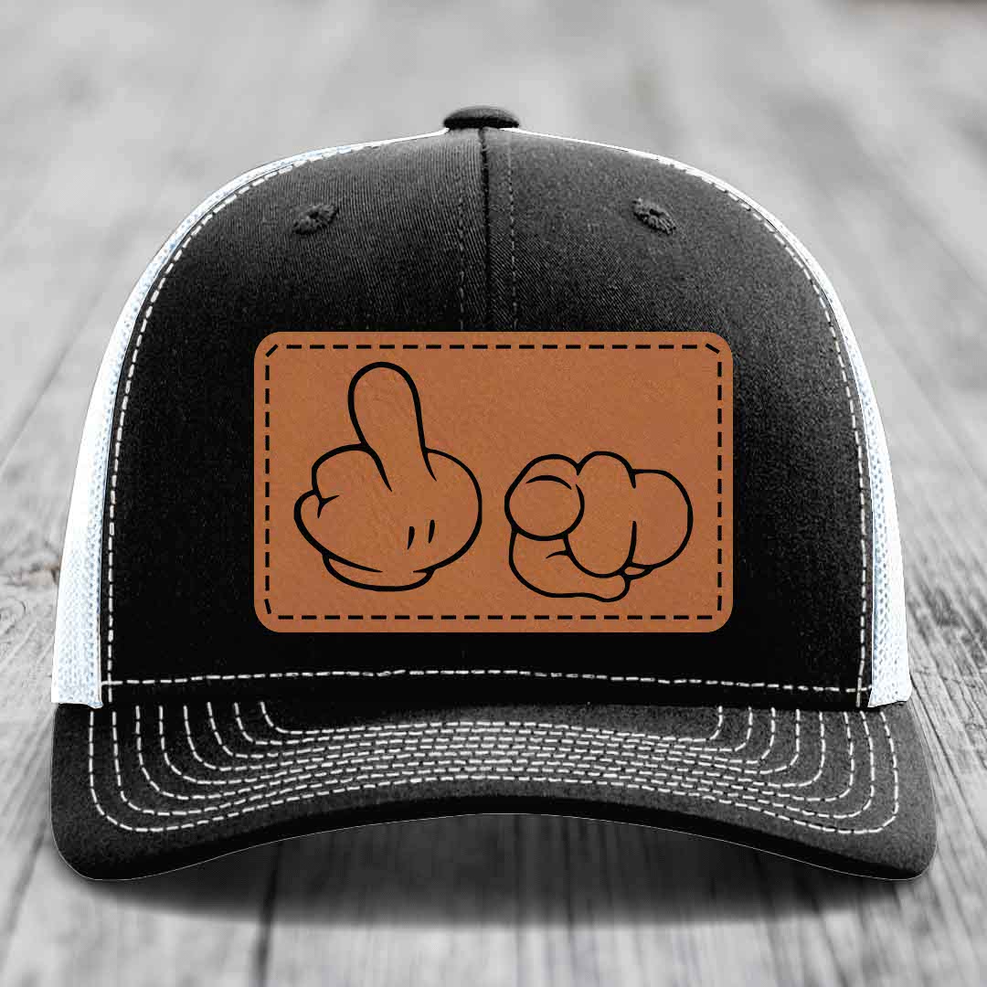 Cartoon Hands F*ck You - Leather Patch Hat - Rawhide to Black Patch - Richardson 112 Snapback Trucker Hat