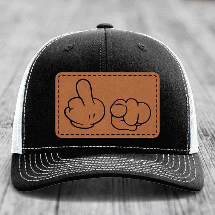 Cartoon Hands F*ck You - Leather Patch Hat - Rawhide to Black Patch - Richardson 112 Snapback Trucker Hat