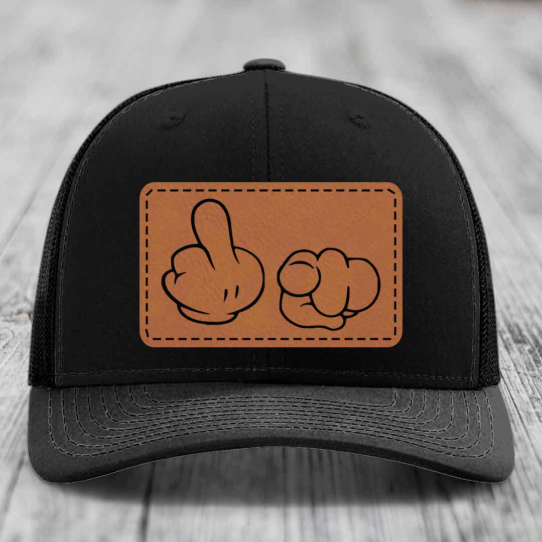 Cartoon Hands F*ck You - Leather Patch Hat - Rawhide to Black Patch - Richardson 112 Snapback Trucker Hat