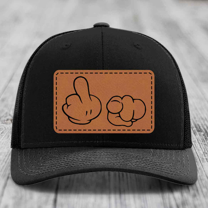 Cartoon Hands F*ck You - Leather Patch Hat - Rawhide to Black Patch - Richardson 112 Snapback Trucker Hat