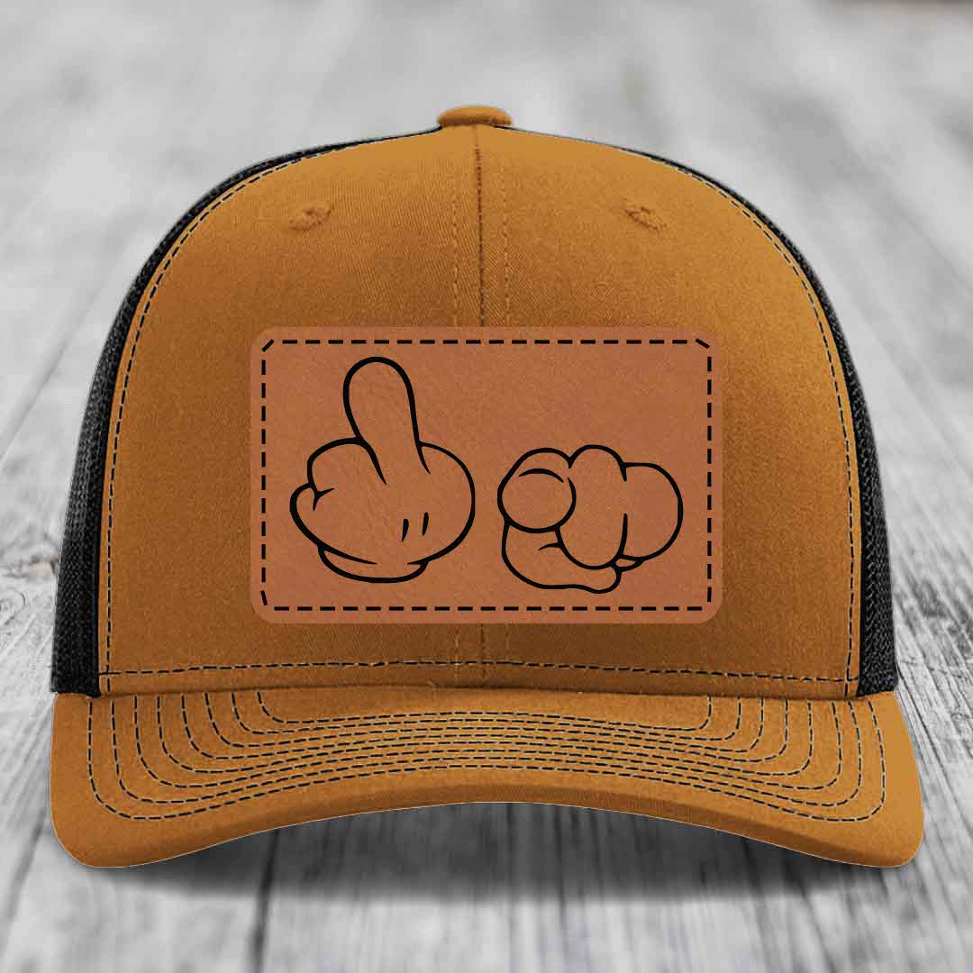Cartoon Hands F*ck You - Leather Patch Hat - Rawhide to Black Patch - Richardson 112 Snapback Trucker Hat