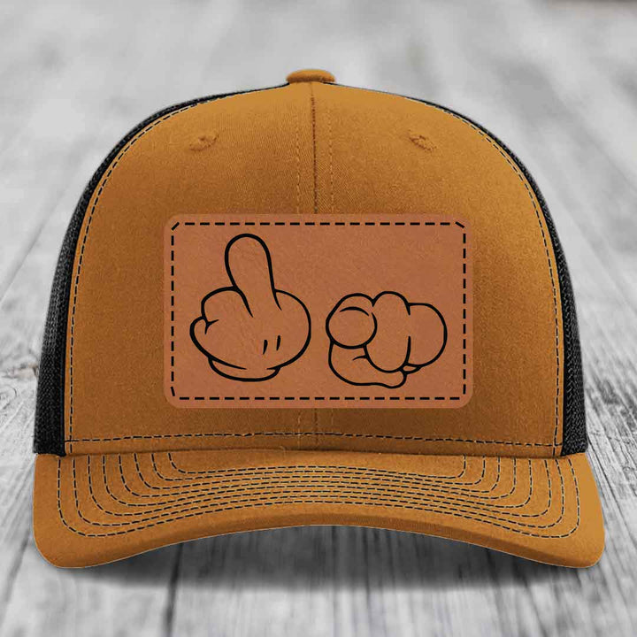 Cartoon Hands F*ck You - Leather Patch Hat - Rawhide to Black Patch - Richardson 112 Snapback Trucker Hat