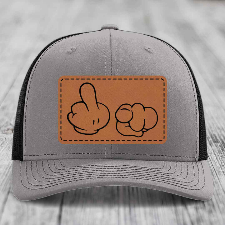 Cartoon Hands F*ck You - Leather Patch Hat - Rawhide to Black Patch - Richardson 112 Snapback Trucker Hat