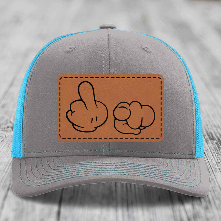 Cartoon Hands F*ck You - Leather Patch Hat - Rawhide to Black Patch - Richardson 112 Snapback Trucker Hat