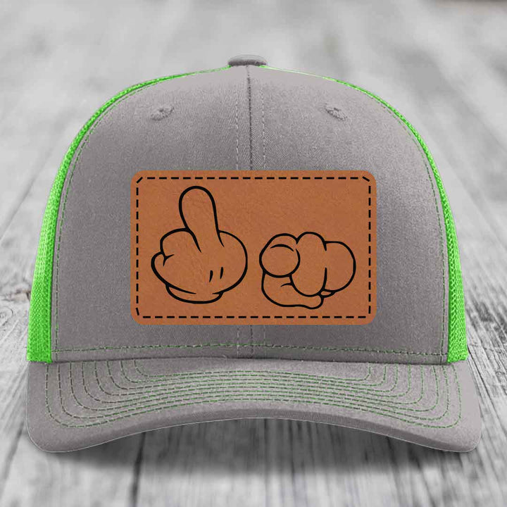 Cartoon Hands F*ck You - Leather Patch Hat - Rawhide to Black Patch - Richardson 112 Snapback Trucker Hat