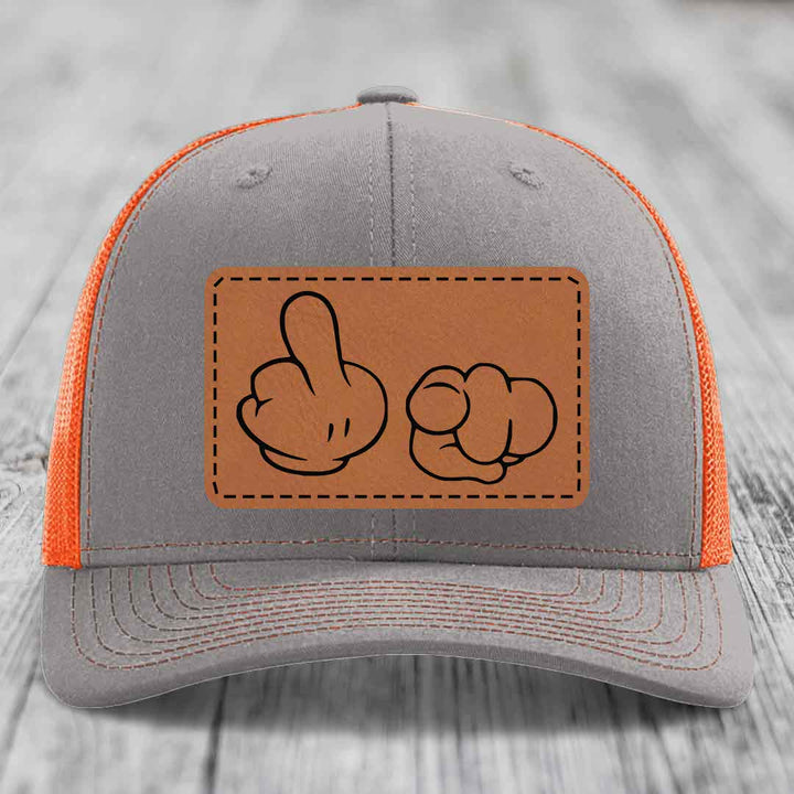 Cartoon Hands F*ck You - Leather Patch Hat - Rawhide to Black Patch - Richardson 112 Snapback Trucker Hat