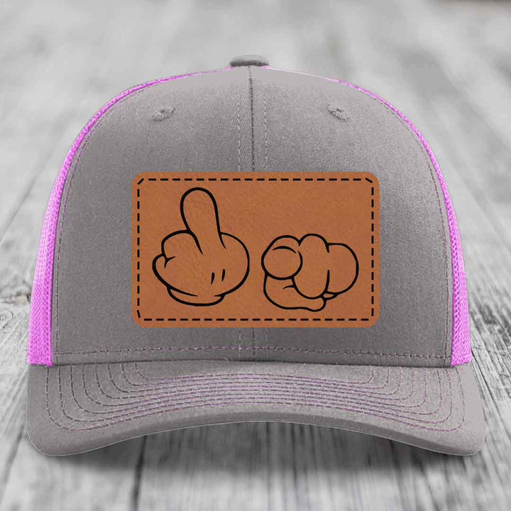 Cartoon Hands F*ck You - Leather Patch Hat - Rawhide to Black Patch - Richardson 112 Snapback Trucker Hat