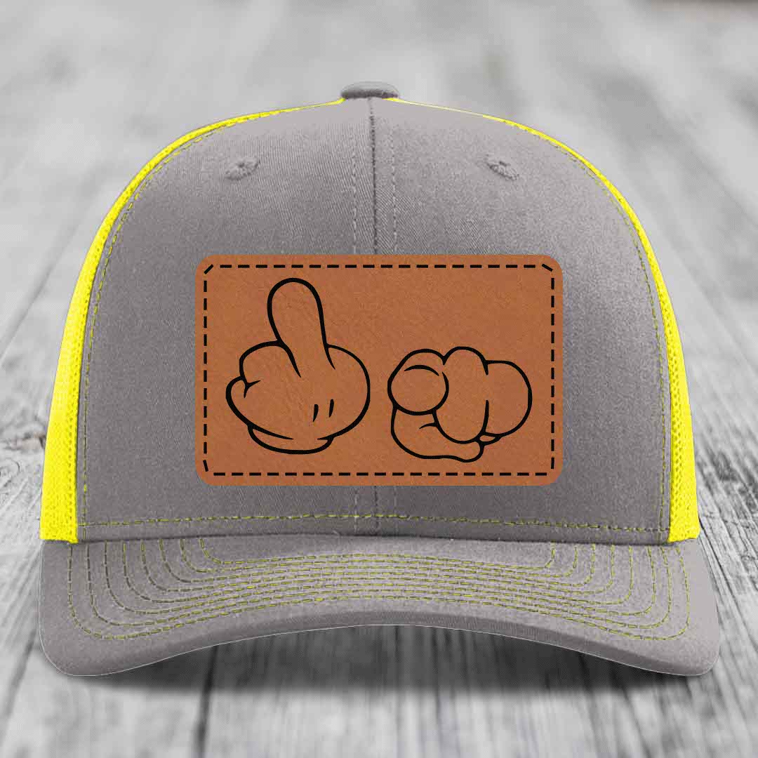 Cartoon Hands F*ck You - Leather Patch Hat - Rawhide to Black Patch - Richardson 112 Snapback Trucker Hat