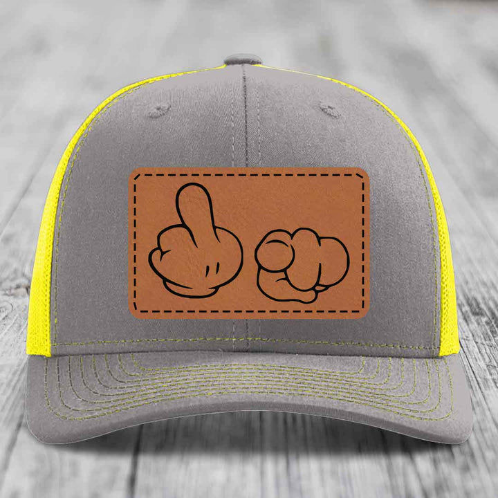 Cartoon Hands F*ck You - Leather Patch Hat - Rawhide to Black Patch - Richardson 112 Snapback Trucker Hat