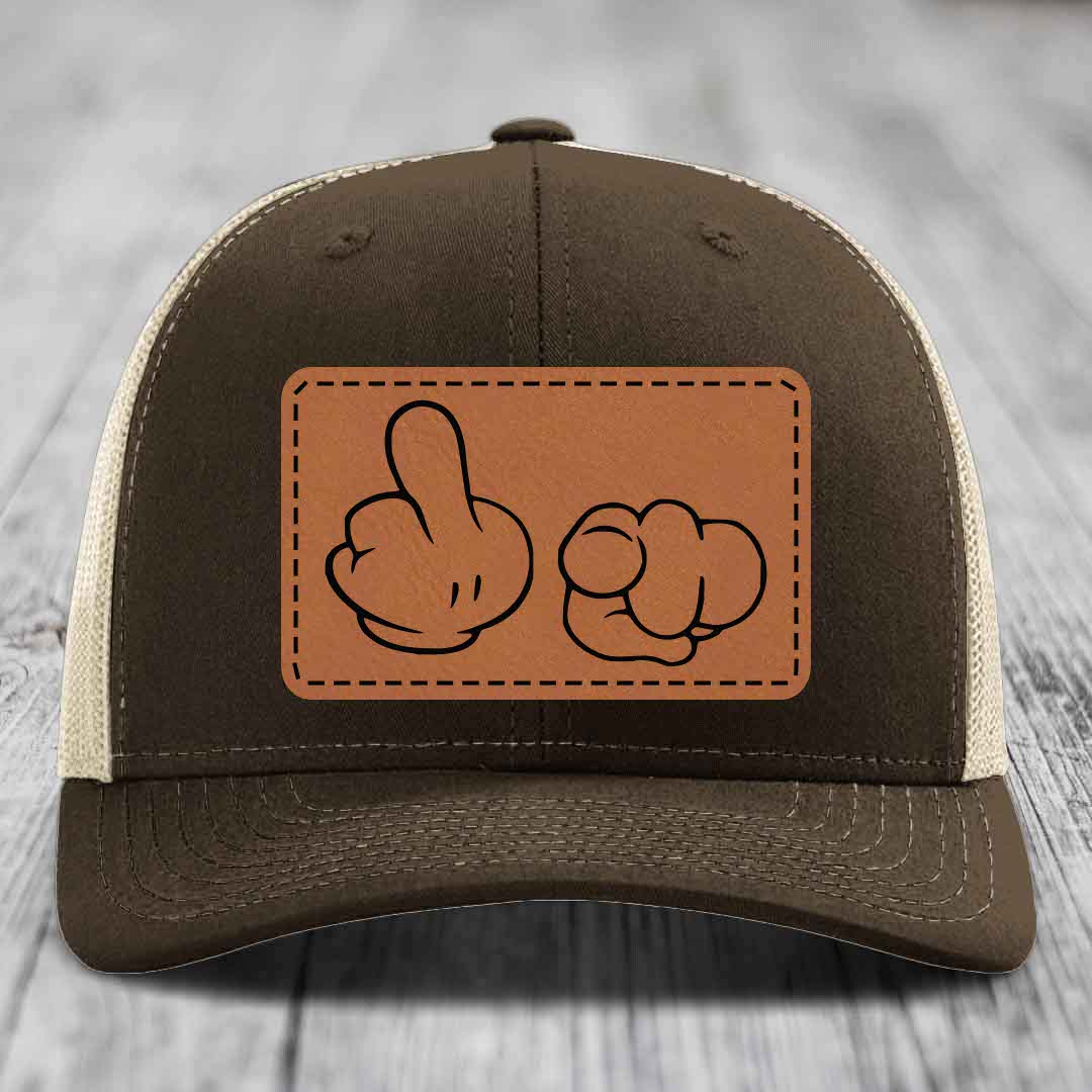 Cartoon Hands F*ck You - Leather Patch Hat - Rawhide to Black Patch - Richardson 112 Snapback Trucker Hat