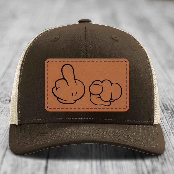 Cartoon Hands F*ck You - Leather Patch Hat - Rawhide to Black Patch - Richardson 112 Snapback Trucker Hat