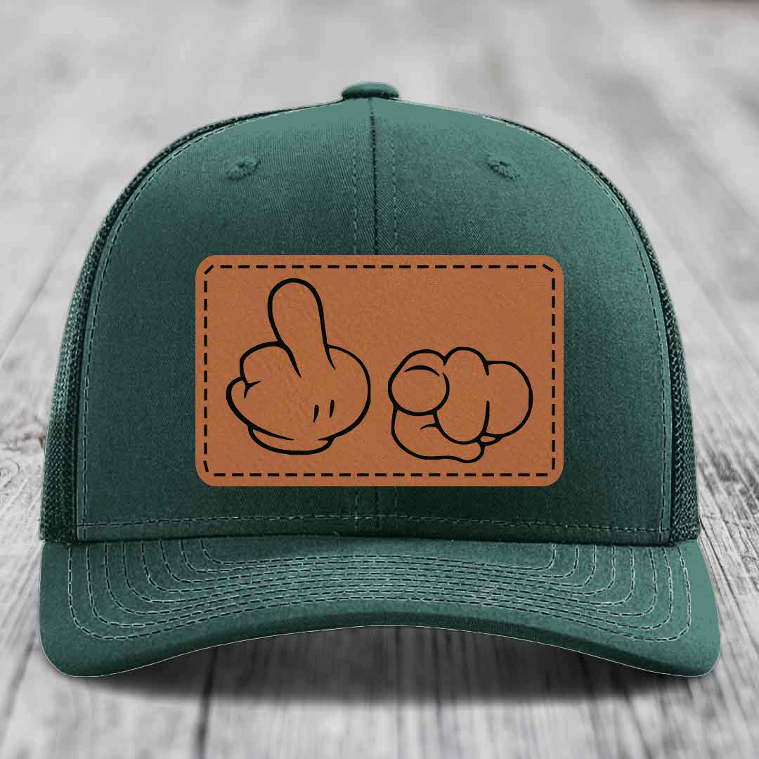 Cartoon Hands F*ck You - Leather Patch Hat - Rawhide to Black Patch - Richardson 112 Snapback Trucker Hat