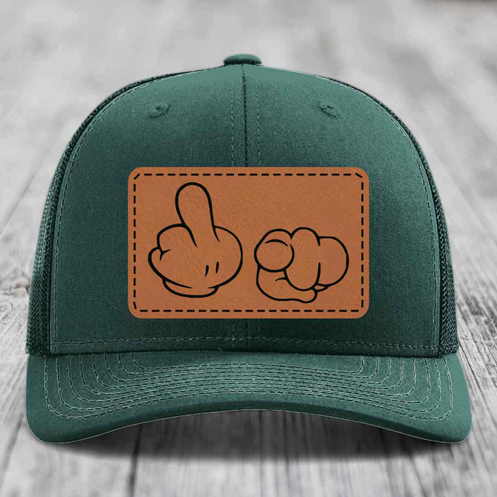 Cartoon Hands F*ck You - Leather Patch Hat - Rawhide to Black Patch - Richardson 112 Snapback Trucker Hat