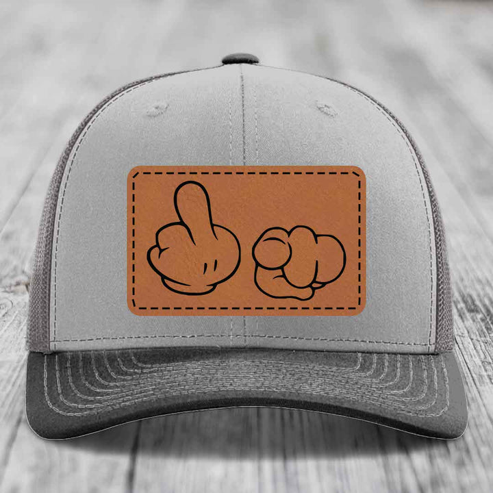 Cartoon Hands F*ck You - Leather Patch Hat - Rawhide to Black Patch - Richardson 112 Snapback Trucker Hat