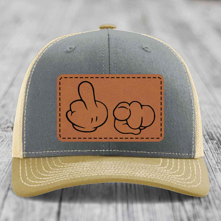 Cartoon Hands F*ck You - Leather Patch Hat - Rawhide to Black Patch - Richardson 112 Snapback Trucker Hat