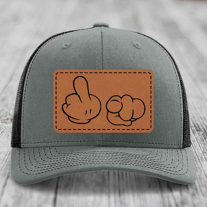 Cartoon Hands F*ck You - Leather Patch Hat - Rawhide to Black Patch - Richardson 112 Snapback Trucker Hat