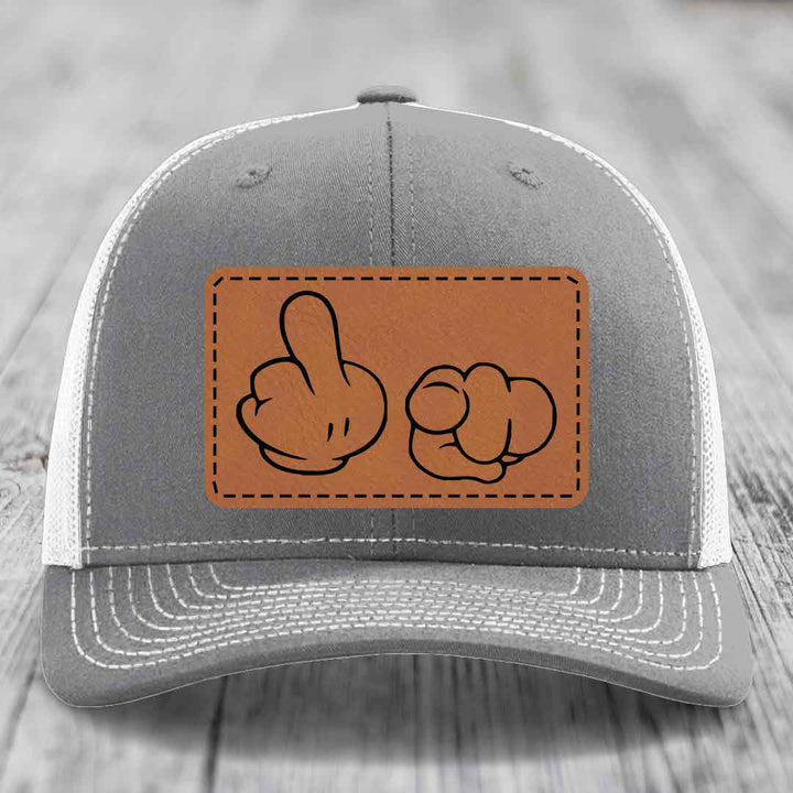 Cartoon Hands F*ck You - Leather Patch Hat - Rawhide to Black Patch - Richardson 112 Snapback Trucker Hat
