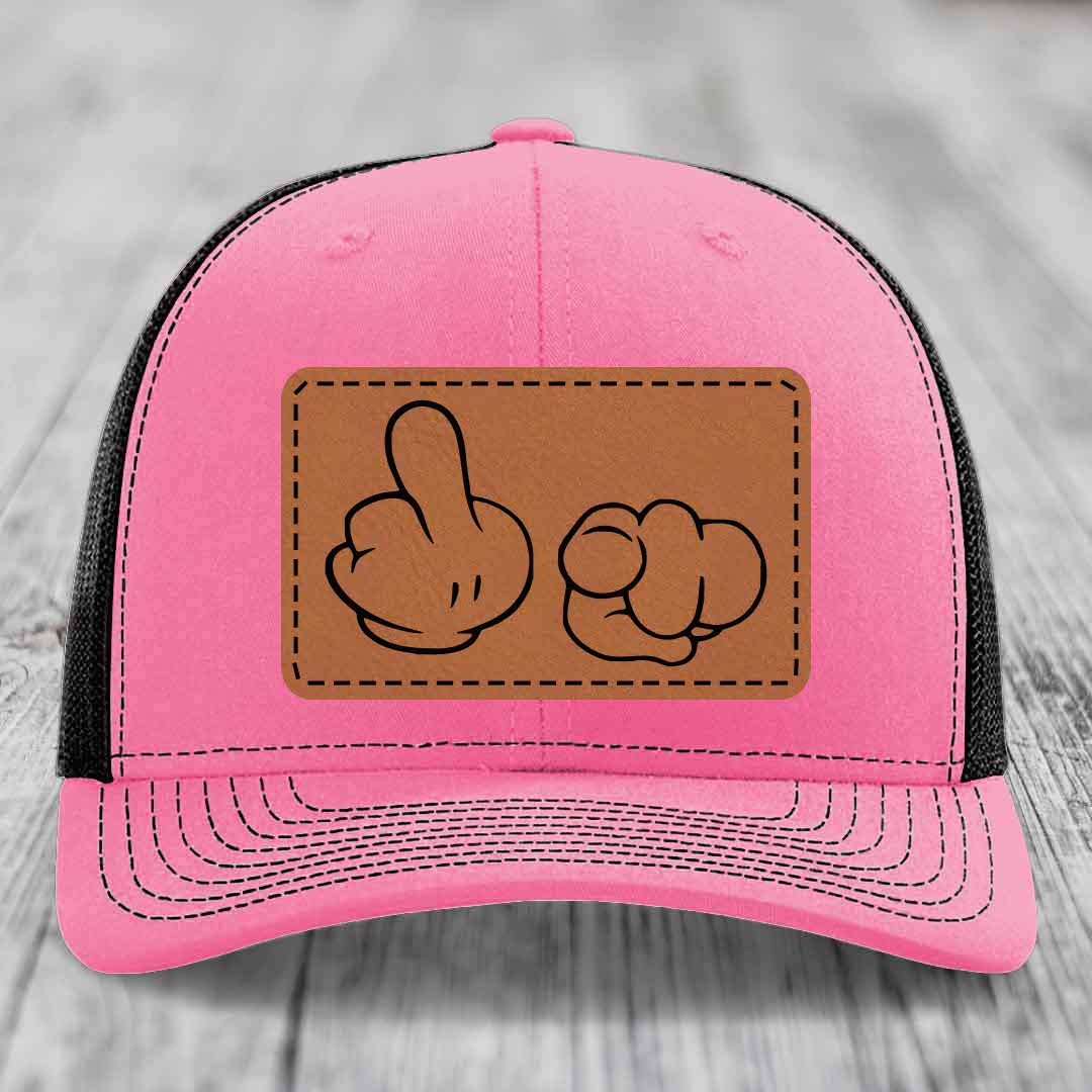 Cartoon Hands F*ck You - Leather Patch Hat - Rawhide to Black Patch - Richardson 112 Snapback Trucker Hat
