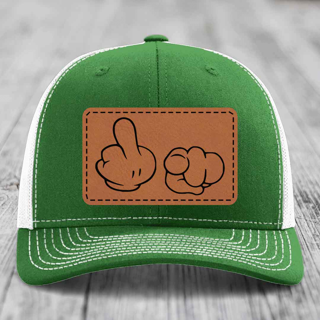 Cartoon Hands F*ck You - Leather Patch Hat - Rawhide to Black Patch - Richardson 112 Snapback Trucker Hat