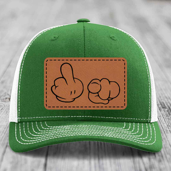 Cartoon Hands F*ck You - Leather Patch Hat - Rawhide to Black Patch - Richardson 112 Snapback Trucker Hat