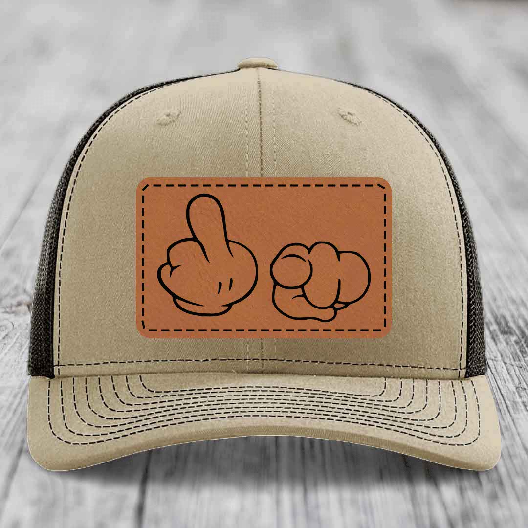 Cartoon Hands F*ck You - Leather Patch Hat - Rawhide to Black Patch - Richardson 112 Snapback Trucker Hat