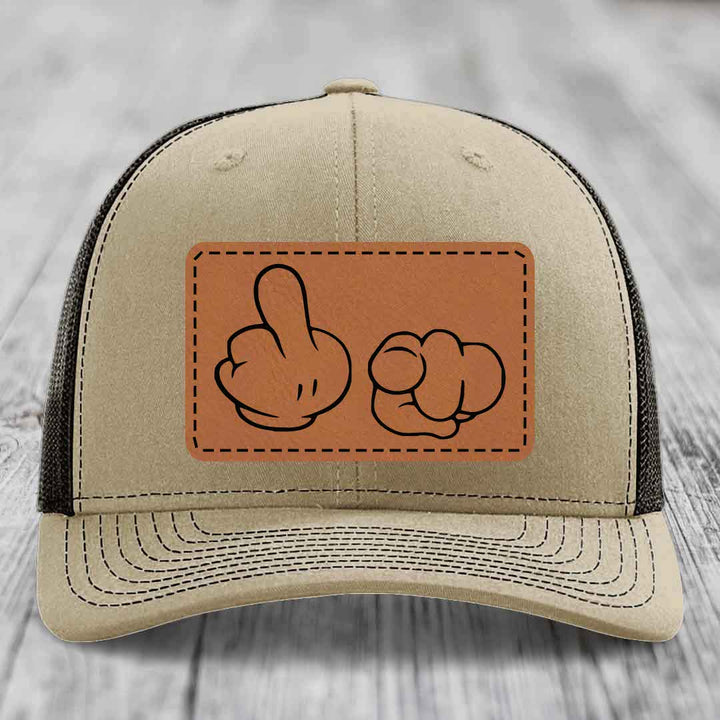 Cartoon Hands F*ck You - Leather Patch Hat - Rawhide to Black Patch - Richardson 112 Snapback Trucker Hat