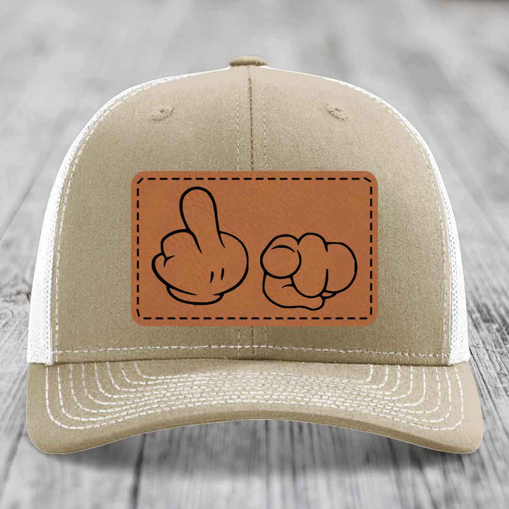 Cartoon Hands F*ck You - Leather Patch Hat - Rawhide to Black Patch - Richardson 112 Snapback Trucker Hat