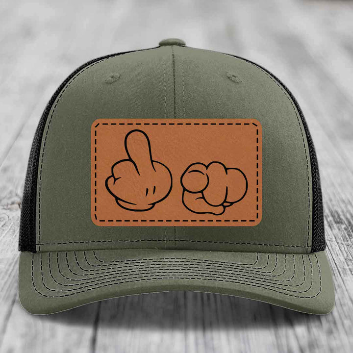 Cartoon Hands F*ck You - Leather Patch Hat - Rawhide to Black Patch - Richardson 112 Snapback Trucker Hat