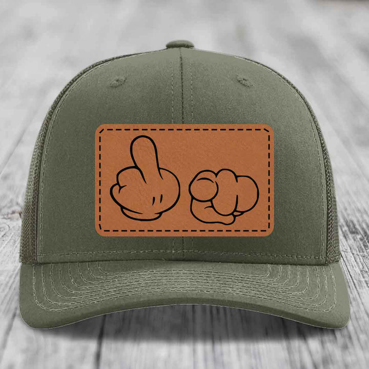 Cartoon Hands F*ck You - Leather Patch Hat - Rawhide to Black Patch - Richardson 112 Snapback Trucker Hat