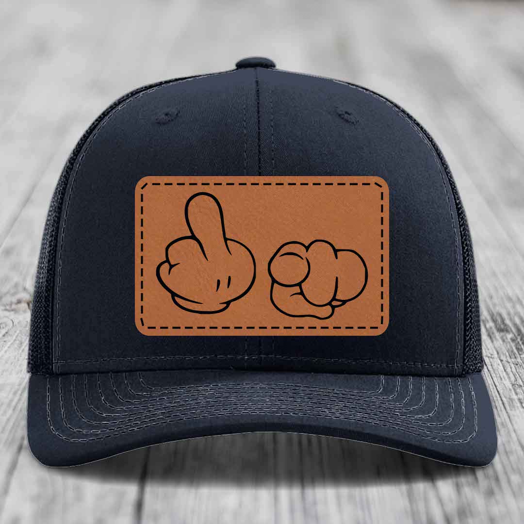 Cartoon Hands F*ck You - Leather Patch Hat - Rawhide to Black Patch - Richardson 112 Snapback Trucker Hat