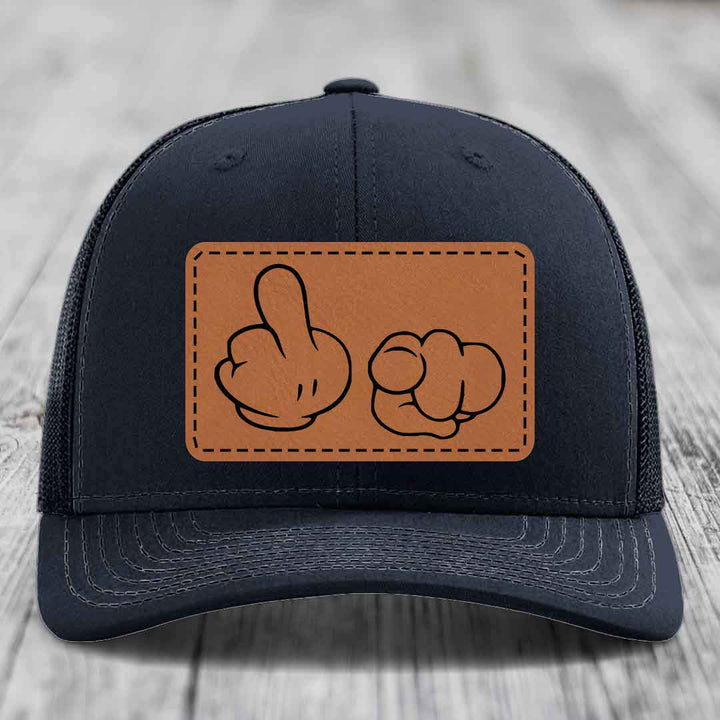 Cartoon Hands F*ck You - Leather Patch Hat - Rawhide to Black Patch - Richardson 112 Snapback Trucker Hat