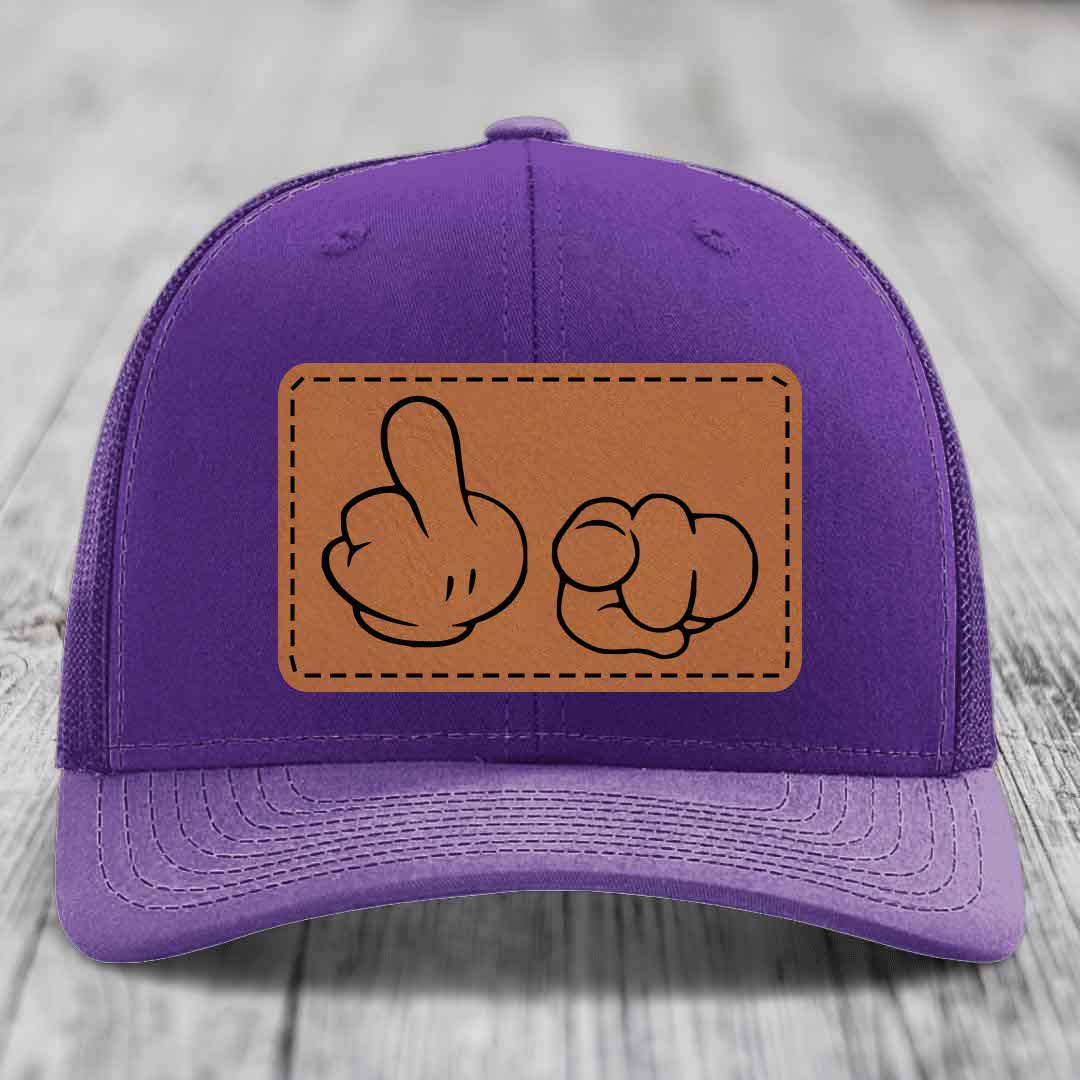 Cartoon Hands F*ck You - Leather Patch Hat - Rawhide to Black Patch - Richardson 112 Snapback Trucker Hat