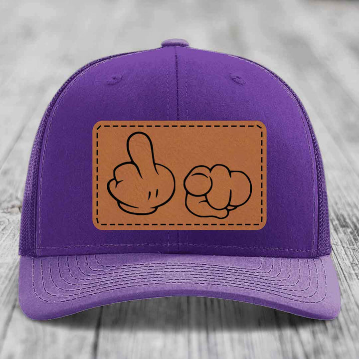 Cartoon Hands F*ck You - Leather Patch Hat - Rawhide to Black Patch - Richardson 112 Snapback Trucker Hat