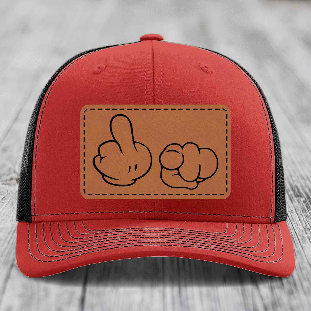 Cartoon Hands F*ck You - Leather Patch Hat - Rawhide to Black Patch - Richardson 112 Snapback Trucker Hat
