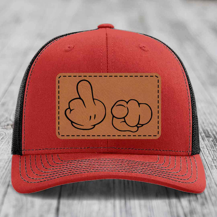 Cartoon Hands F*ck You - Leather Patch Hat - Rawhide to Black Patch - Richardson 112 Snapback Trucker Hat