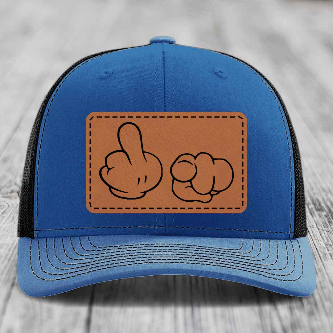 Cartoon Hands F*ck You - Leather Patch Hat - Rawhide to Black Patch - Richardson 112 Snapback Trucker Hat