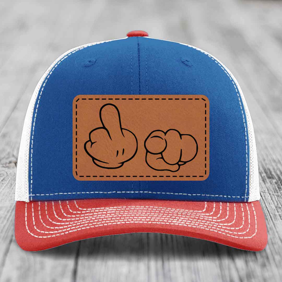 Cartoon Hands F*ck You - Leather Patch Hat - Rawhide to Black Patch - Richardson 112 Snapback Trucker Hat