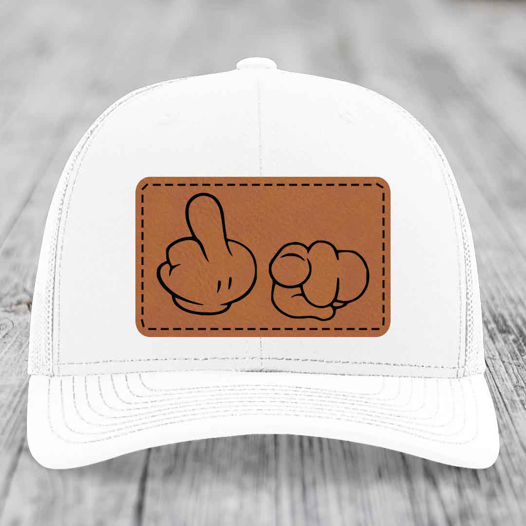 Cartoon Hands F*ck You - Leather Patch Hat - Rawhide to Black Patch - Richardson 112 Snapback Trucker Hat