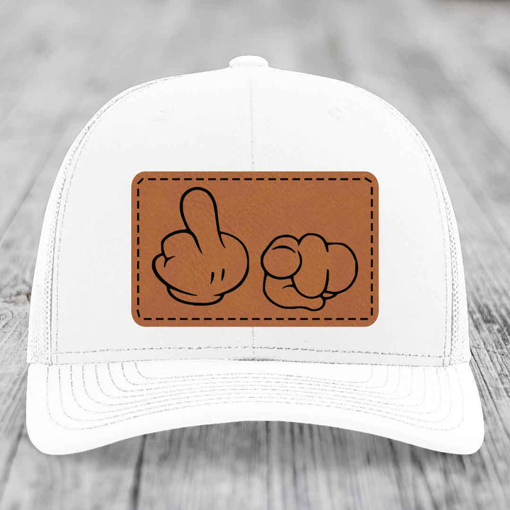 Cartoon Hands F*ck You - Leather Patch Hat - Rawhide to Black Patch - Richardson 112 Snapback Trucker Hat