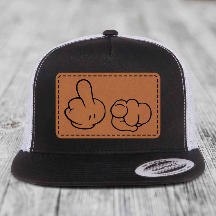 Cartoon Hands F*ck You - Leather Patch Hat - Rawhide to Black Patch - Yupoong 6006 Snapback Flatbill Hat