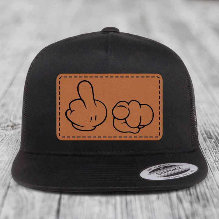 Cartoon Hands F*ck You - Leather Patch Hat - Rawhide to Black Patch - Yupoong 6006 Snapback Flatbill Hat