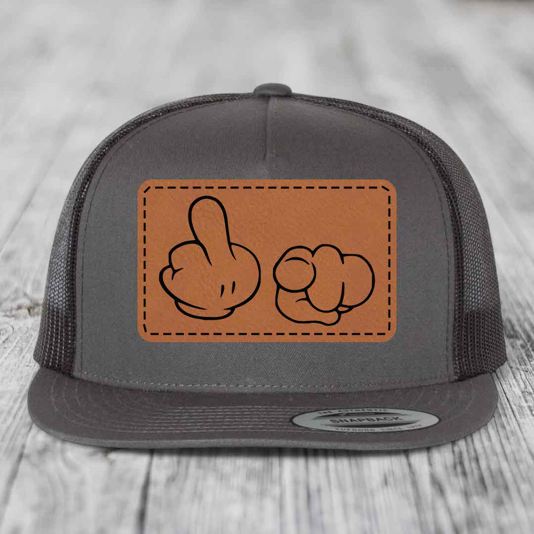 Cartoon Hands F*ck You - Leather Patch Hat - Rawhide to Black Patch - Yupoong 6006 Snapback Flatbill Hat